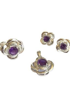 Diamond Natural Amethyst Silver Plated Ring Pendant Earring Set Pre-Owned Kiran